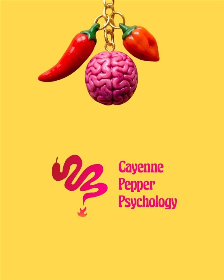 Publicación con el llavero de chiles y cerebro y el logo de la marca